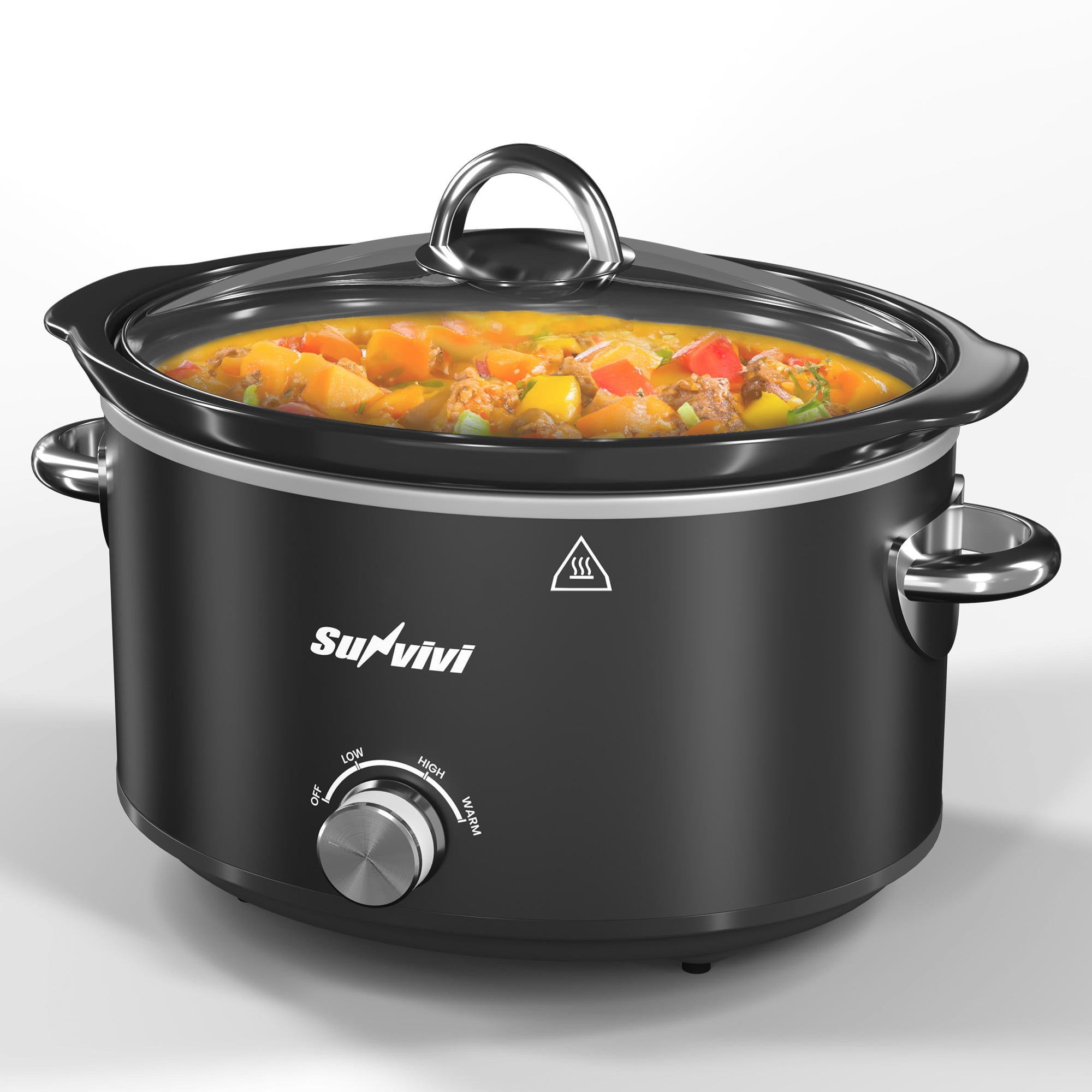SUNVIVI Small Slow Cooker 4QT, Mini Food Warmer with 3 Heating Settings, Removable Ceramic Pot, Dishwasher Safe Glass Lid, Stainless Steel