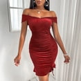 thumbnail image 2 of Women' Off-Shoulder Dress Solid Color Sequin Pleated Slim Fit Dress Glamorous Party Dress for New Year's Eve, Clubs, and Evening Galas. Red M, 2 of 4