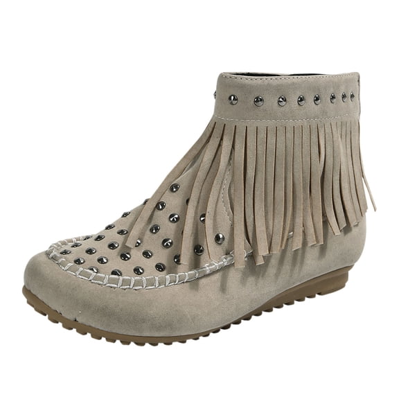 Dasayo Boots for Women Ankle Fall Beige Western Faux Leather Fringe Cowboy Boots Shoes for Women 36