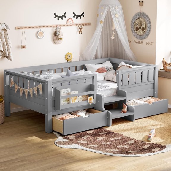 Bellemave Twin Size Montessori Bed Storage and Stairs, Wood Daybed with Bookcase and Guardrails, Twin Floor Beds Frame with 2 Drawers for Room, No Box Spring Needed(Gray)