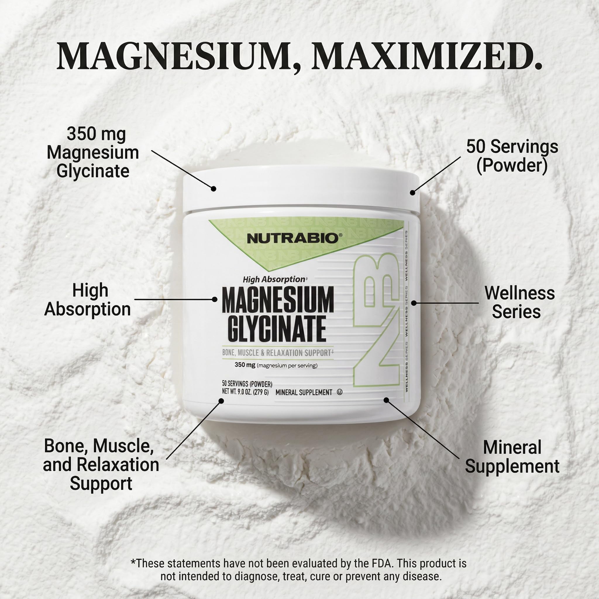 NutraBio- Magnesium Glycinate Powder- Magnesium Powder for Sleep- Sleep Supplement, Supports Relaxation, Heart Health, and Metabolism- 350 mg- Unflavored Magnesium Glycinate Drink Mix- 50 Servings