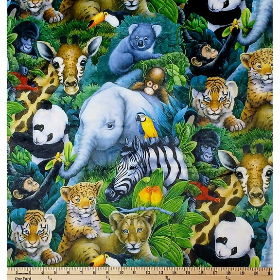 Micro Plush A Rare Occasion Officially Licensed through David Textiles Cute Baby Jungle Animals Kids Children's Minky Plush Fabric Print by the yard (AL-2016-MF-1MULTI)