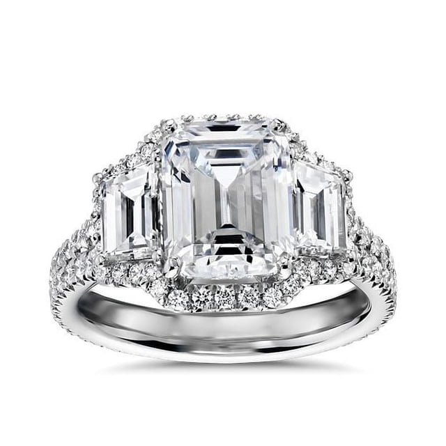 1.70 T.C.W Emerald Shape Natural Diamond Latest Design Three Stone Wedding Ring for Ladies Solid 14K White Gold Size 8