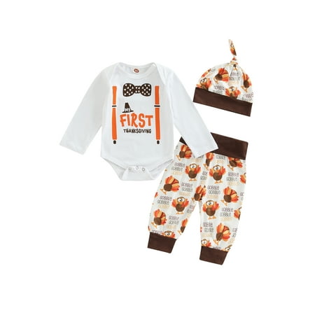 

Amuver Baby Boy Girl Thanksgiving Outfit Letter Bow Tie/Eye Mouth Print Long Sleeve Romper + Turkey Print Pants + Hat 3 Pieces Set