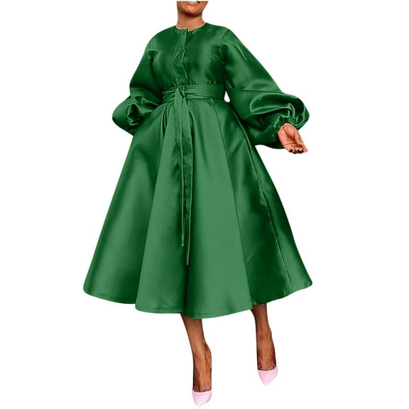 Oplxuo Satin Swing Cocktail Midi Dresses for Women Elegant Puff Sleeve Button Front A-Line Formal Party Prom Dress