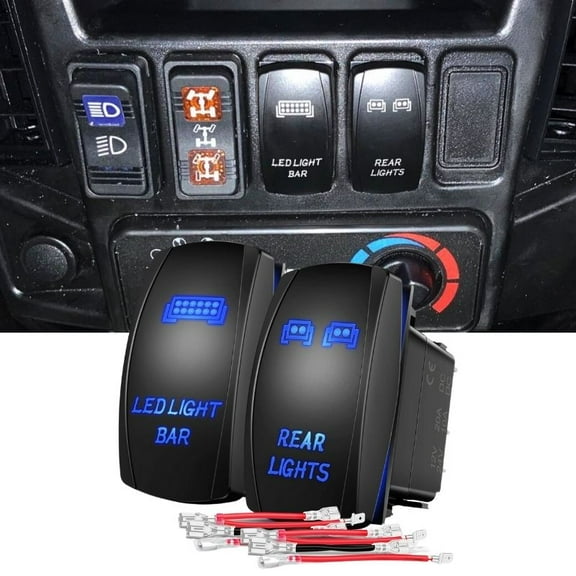 2PCS LED Light Bar Rocker Switch Rear Light ON/Off for UTV RZR Truck Car Boat Marine ATV,5 Pin SPST 20A/12V 10A/24V, Blue LED Laser Toggle Switch with Jumper Wire