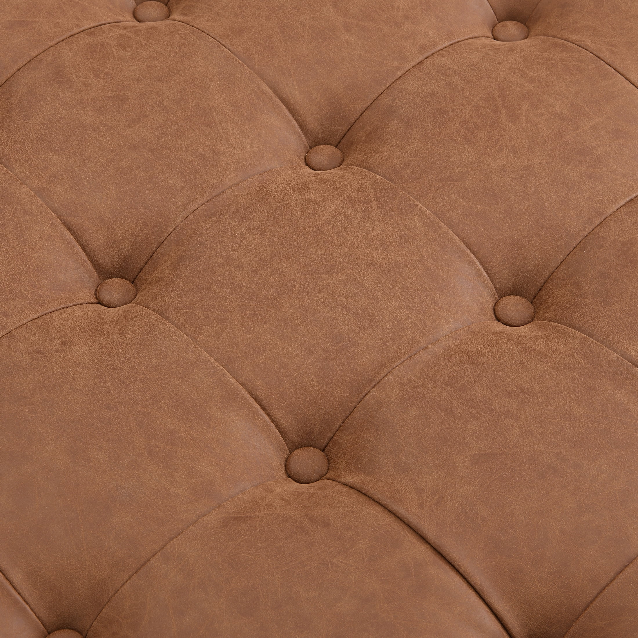 Christopher Knight Home Classic 34'' PU Leather Ottoman, Button-Tufted Cocktail Ottoman with Solid Wood Frame, Multi-Functional Footstool & Coffee Table, Reddish Brown