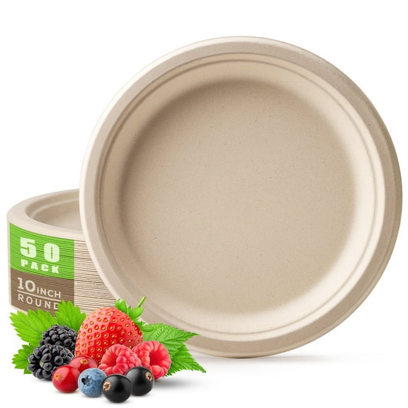 Gezond 100% Compostable Paper Plates 10 Inch Heavy Duty Plates Bulk 50 Count, Biodegradable Paper Plate for Party Picnic