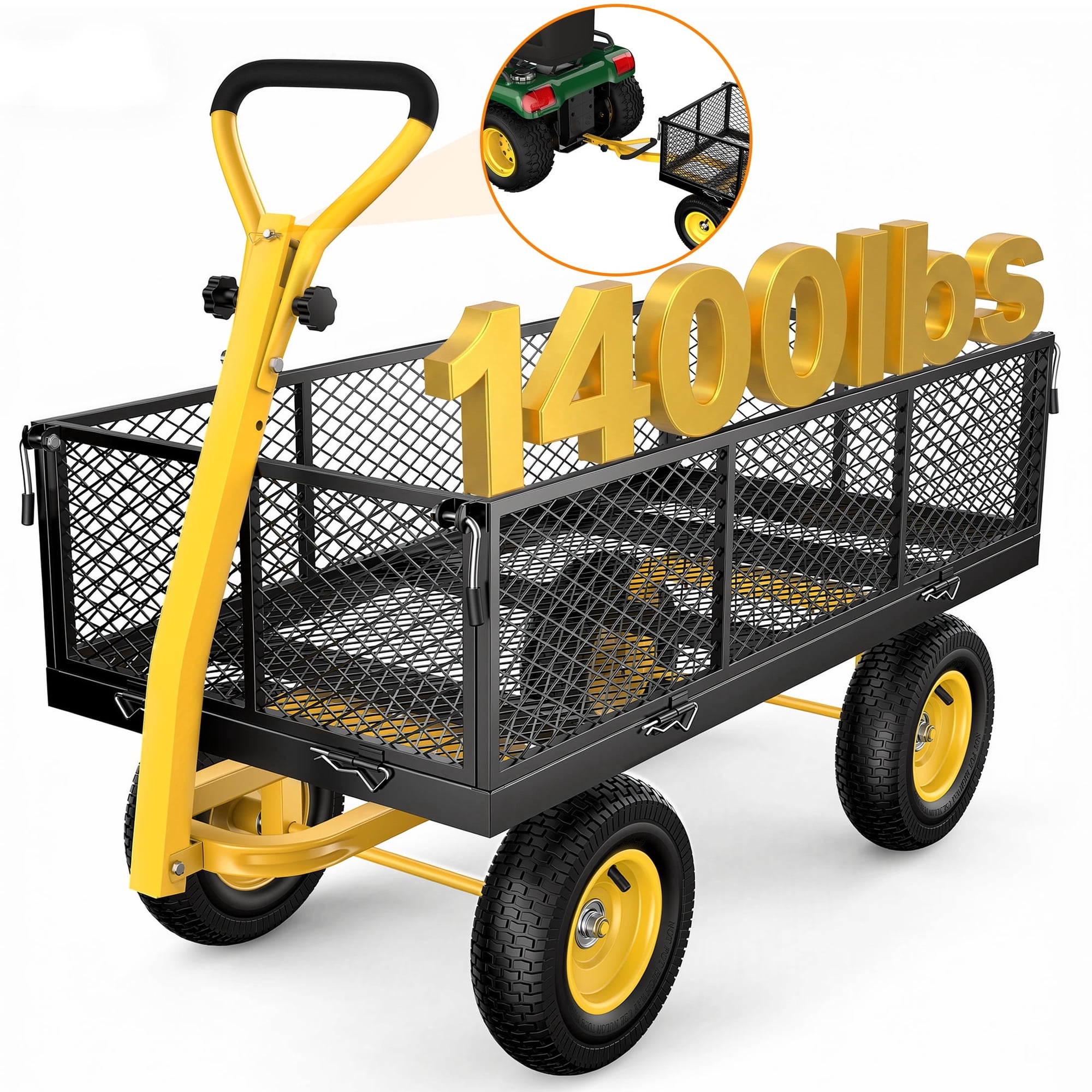 Firstness Heavy Duty Garden Cart, 1400 lbs Capacity Garden Wagon with ATV/Tractor Hitch & Removable Sides, Black