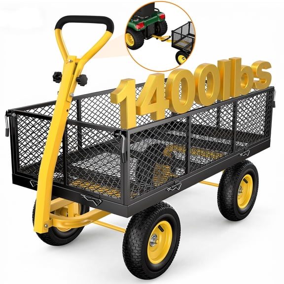 Firstness Heavy Duty Garden Cart, 1400 lbs Capacity Garden Wagon with ATV/Tractor Hitch & Removable Sides, Black