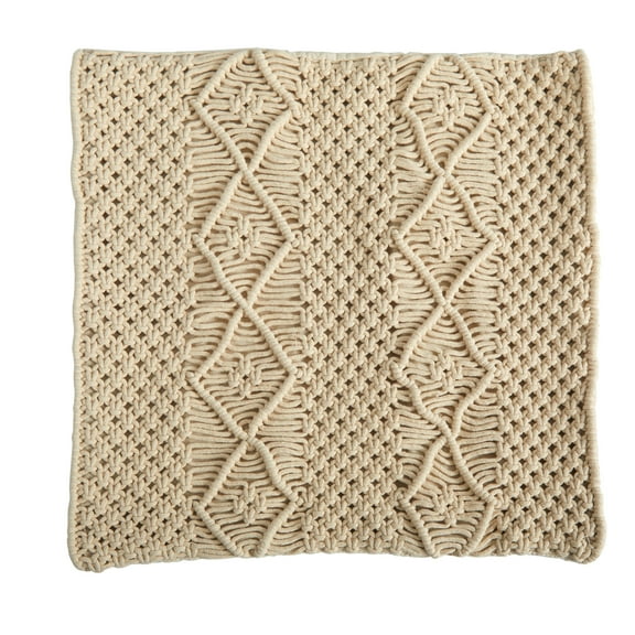 Nearly Natural 16" Square Beige Solid Print Macrame Decorative Pillow Cover