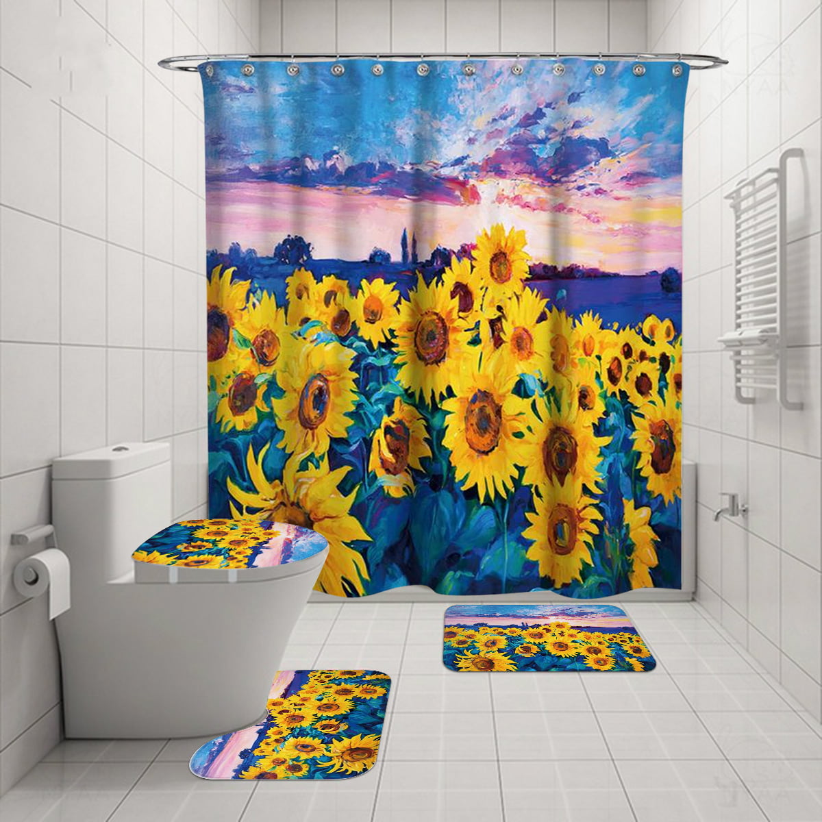 71x71" Waterproof Fabric Shower Curtain & Bath Mat 12 Hooks Set New Art Design 