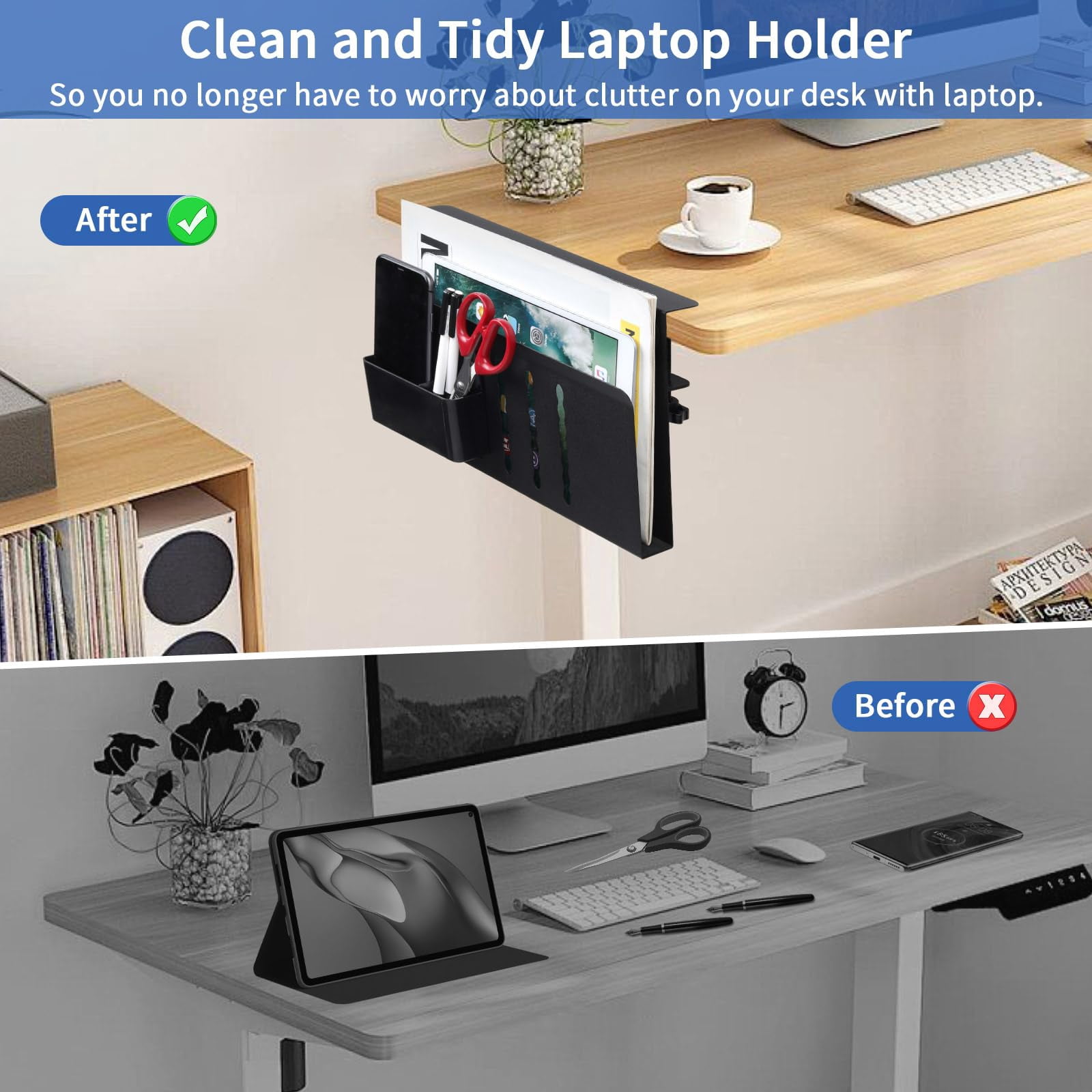 Desk Side Storage  Steel Organizer No Drill Laptop Holder Clamp On Mount With Pen Table Hanging For Home Office Fits Flat Edge Tables 0.3" To 2.8"