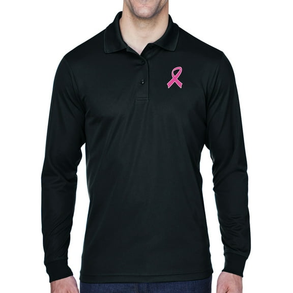 Mens Breast Cancer Awareness Pink Ribbon Long Sleeve Polo Shirt - Black, 4XL