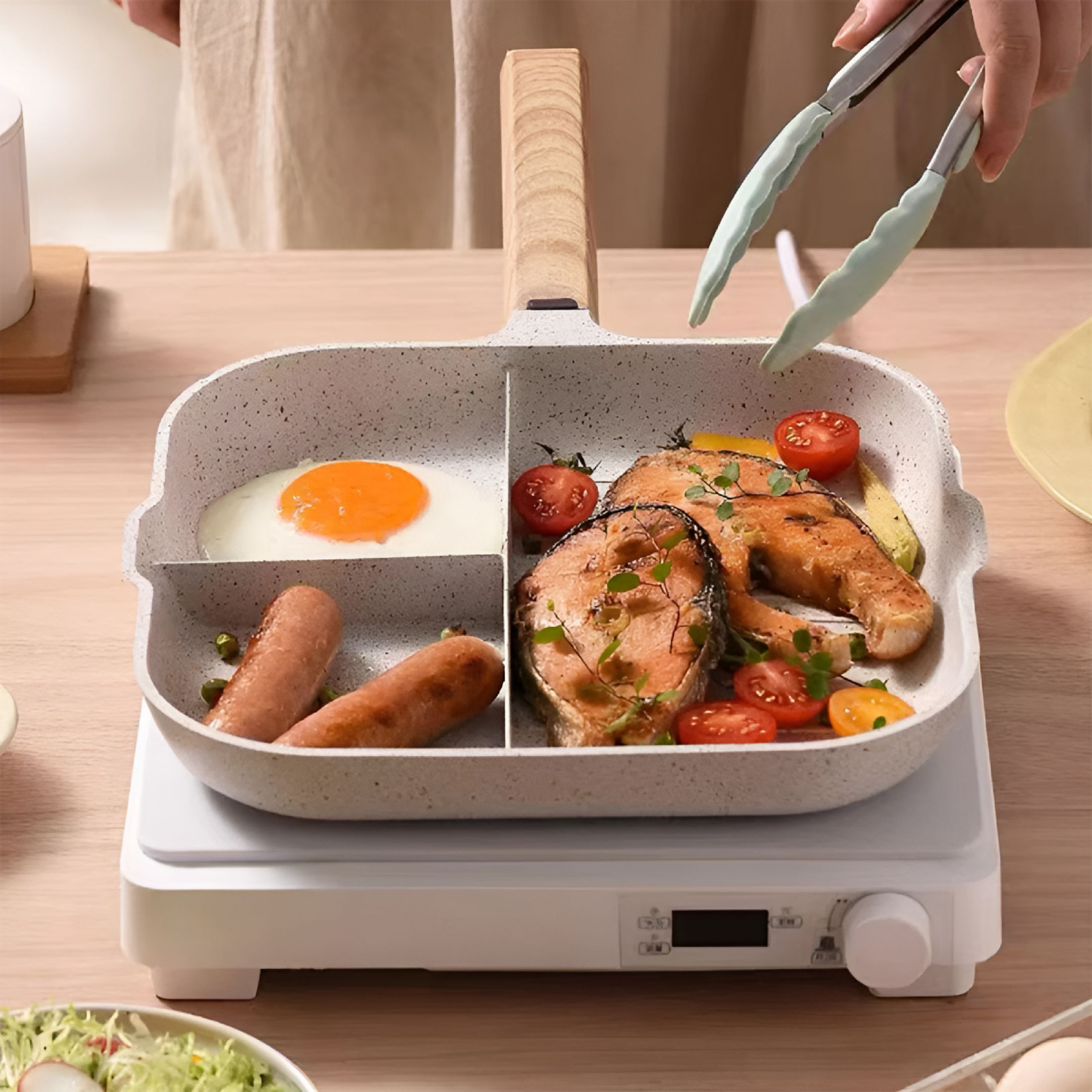 ACDANC Cookware Pots And Pans Set Non Stick Three In One Maifan Stone Multi Grid Frying Pan Breakfast Special Egg Artifact Steak Flat Non Stick Pan
