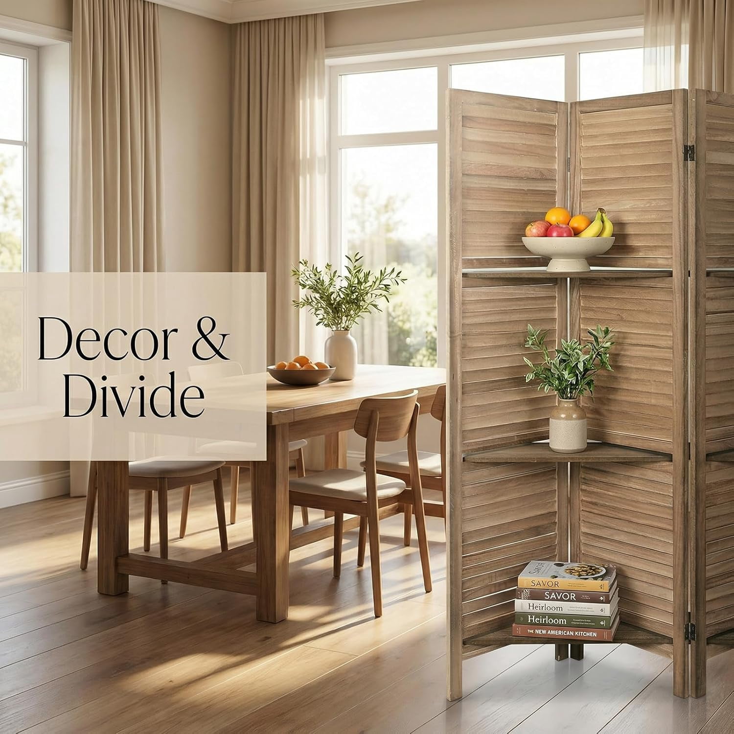 4 Panel Bamboo Room Divider with Shelves, Lightweight Privacy Screen for Bedroom Home Office, No Assembly Required