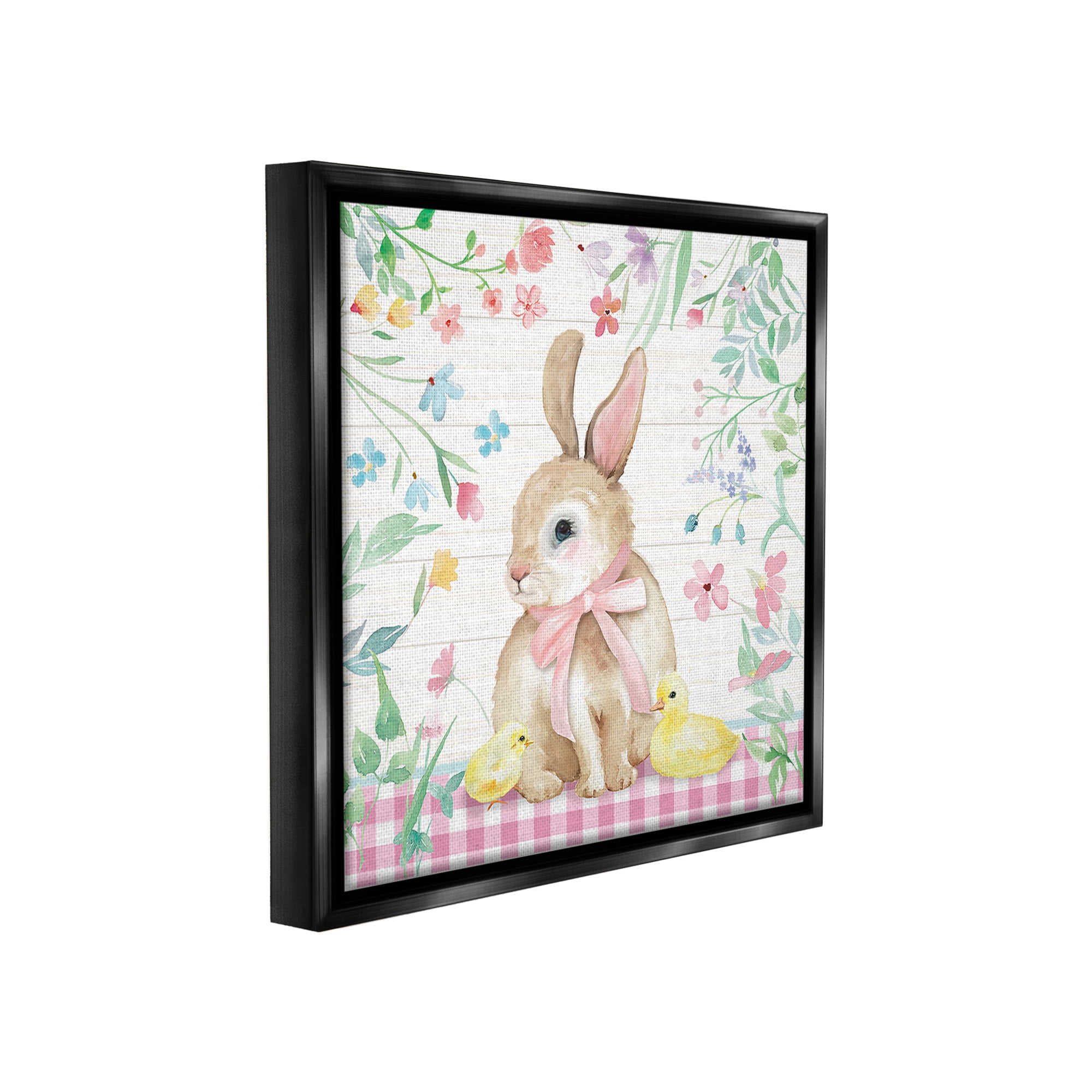 Stupell Industries Easter Bunny & Chicks Holiday Painting Black Floater Framed Canvas Art Print Wall Art, 18 x 18