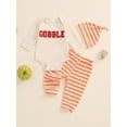 thumbnail image 2 of Suealasg 3Pcs Newborn Boy Girl Fall Thanksgiving Outfit 3 6 Months Baby Long Sleeve Letter Embroidery Romper +Stripe Pants +Hat Set 0-18M, 2 of 8