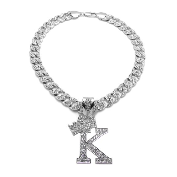 iJewelry2 Kings and Queens Crowned Initial Letter K Crystals Pendant Silver-tone Cuban Linked Chain Necklace