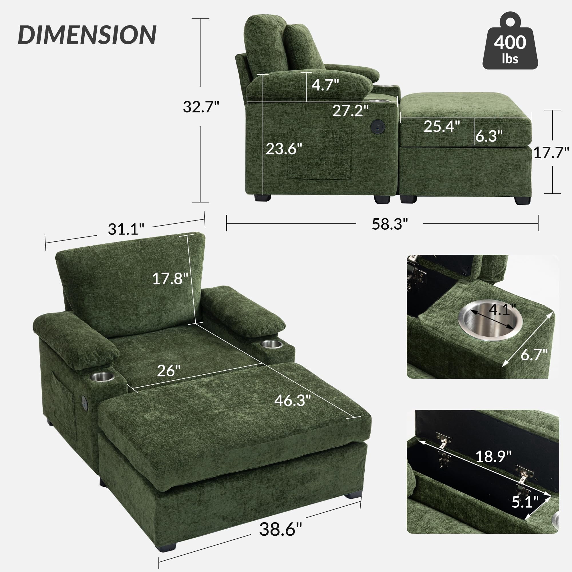 Aukfa 58" Chaise Lounge Oversized Sofa Chair with 2 Cup Holders&USB Ports, Chenille, Green