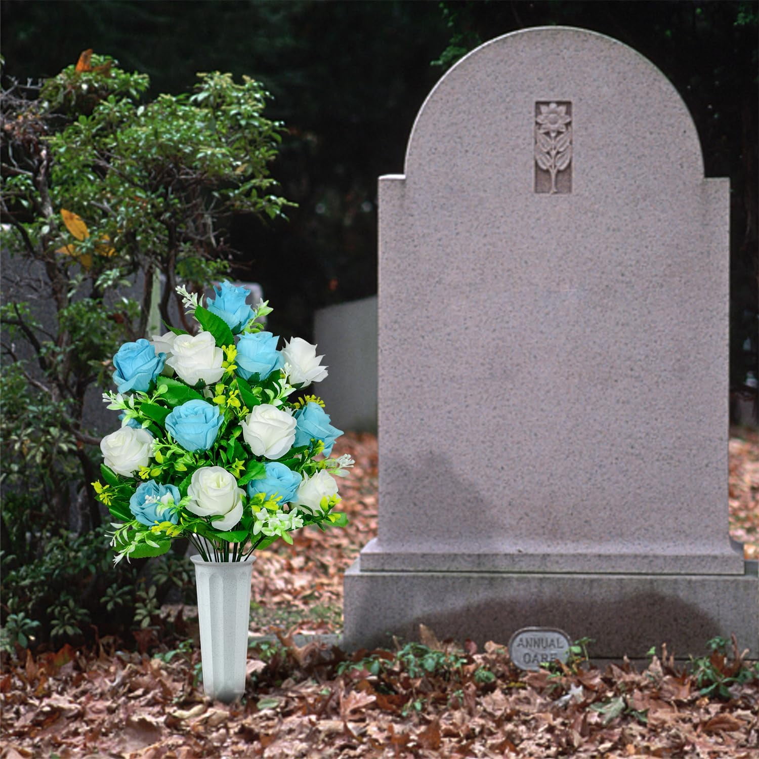 Artificial Cemetery Flowers, Set of Artificial Rose Bouquet Graveyard Memorial Flowers with Vase for Cemetery Headstones Decoration (Light Blue&White)