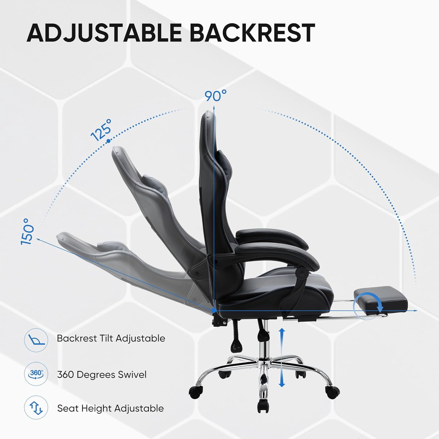 CONCETTA Gaming Chair with Footrest and Lumbar Support, Ergonomic Home Office Chair, Black and Gray