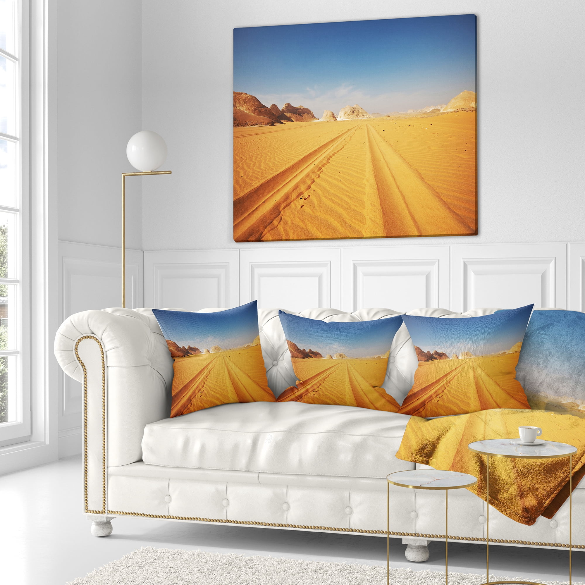 Designart Road in White Desert Egypt - Modern Landscape Printed Throw Pillow - 18x18