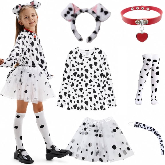 Kidzkube Dalmatian Costume Set for Girls – Tutu Dress with Dog Ear Headband & Socks, S , Halloween Christmas Dress Up