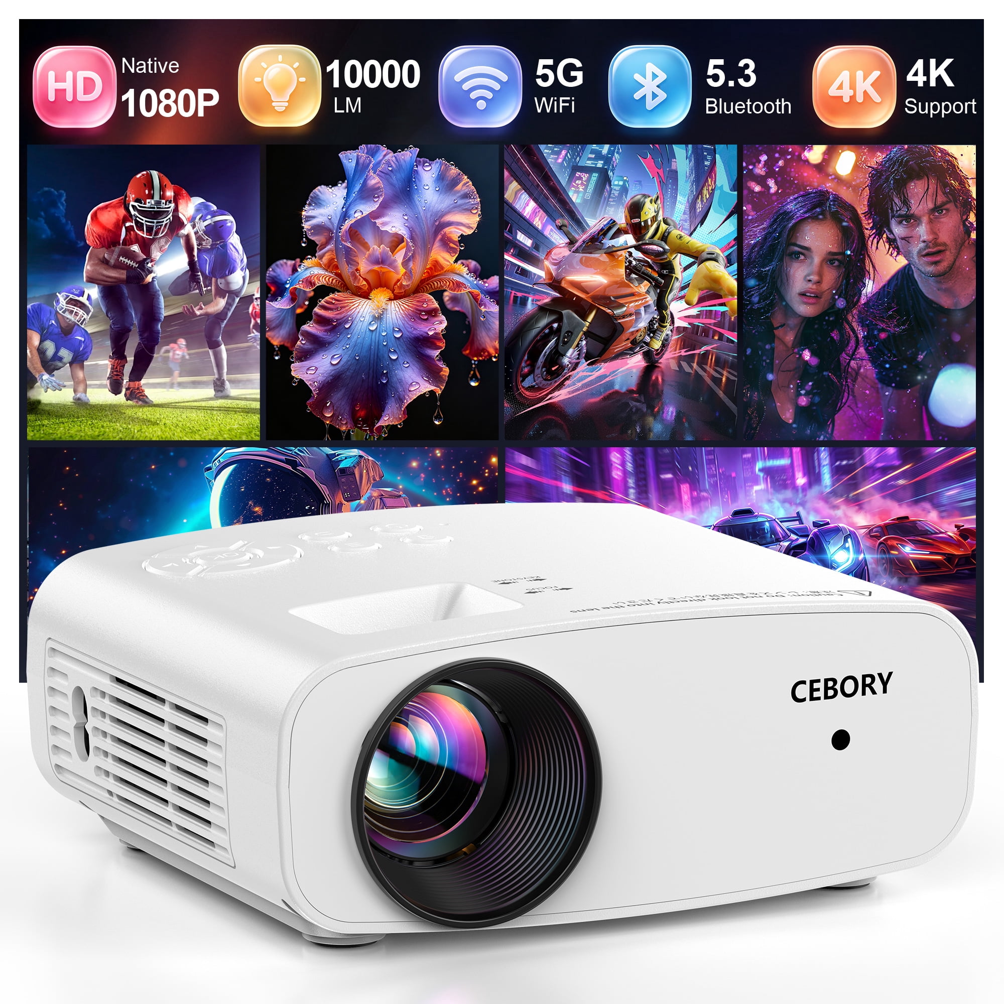 CEBORY Native 1080P 5G WiFi Bluetooth Projector 10000LM 4k Support Movie Projector, 300" Display Full HD Home Theater