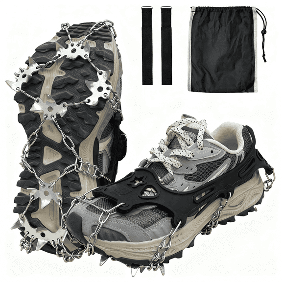 Ice Cleats for Shoes and Boots, 19 Stainless Steel Spikes Crampons, Anti-Slip Snow Shoes Microspikes for Hiking, Climbing Gear, Ice Fishing Gear, Boot Chains for Winter Walking, L(40-46), Black