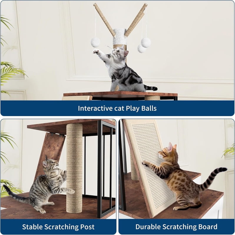Cat Tree Litter Box Enclosure Hidden Litterbox, Large Tall Cat Tower for Indoor Cats Large Adult, 2 in 1 Multi Level 48.8 Inch Wooden Furniture with Scratching Post, Hanging Balls for Pets