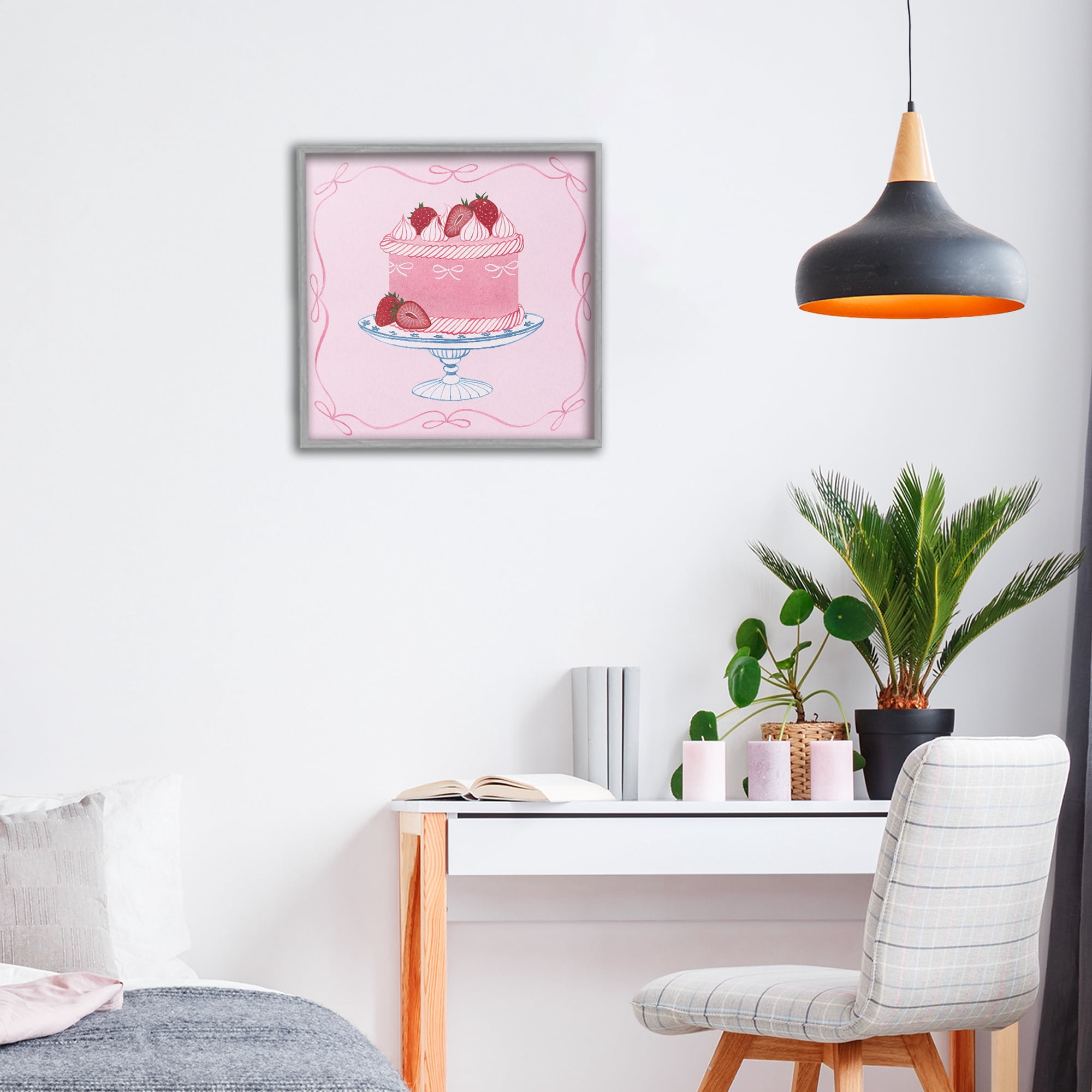 Stupell Industries Pink Strawberry Cake Gray Framed Giclee Art, design by Grace Popp