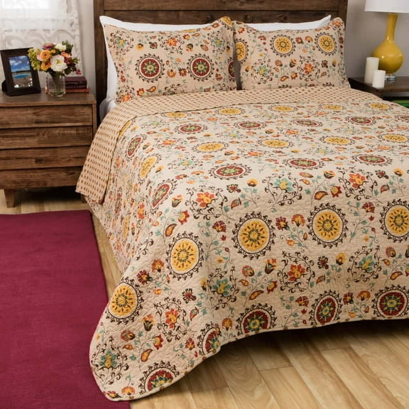Greenland Home Fashions  Andorra Suzani Medallion 100% Cotton Reversible Quilt Set King 3 Piece