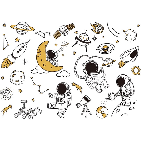 Space Theme PVC Wall Sticker Rocket Astronaut Planets Pattern Vinyl Wall Art Cartoon Wall Decal Decorative Sticker for Bedroom Play Room Nursery Wall Decor Black Yellow