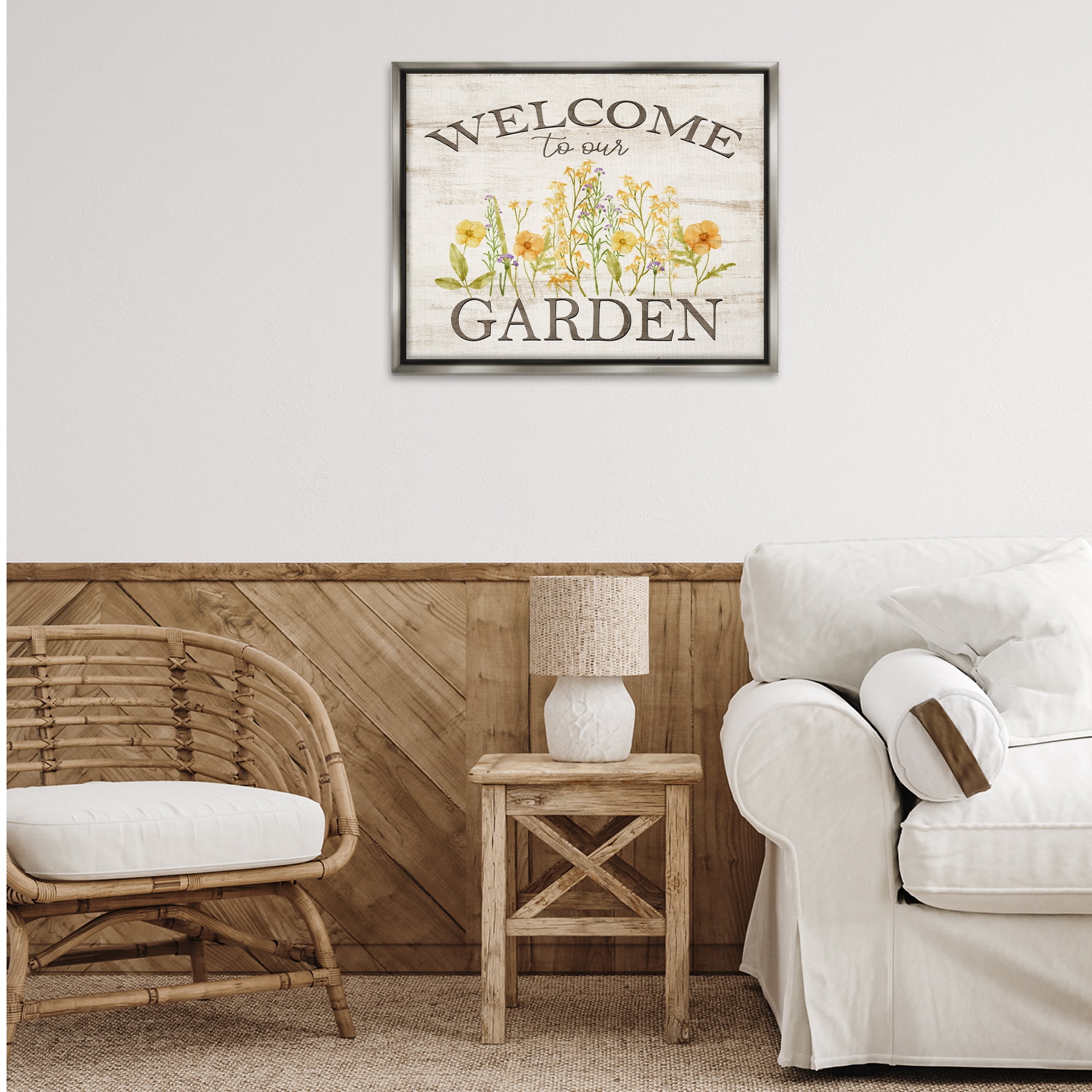 Stupell Industries Welcome To Our Garden Botanical & Floral Painting Gray Floater Framed Canvas Art Print Wall Art, 31 x 25