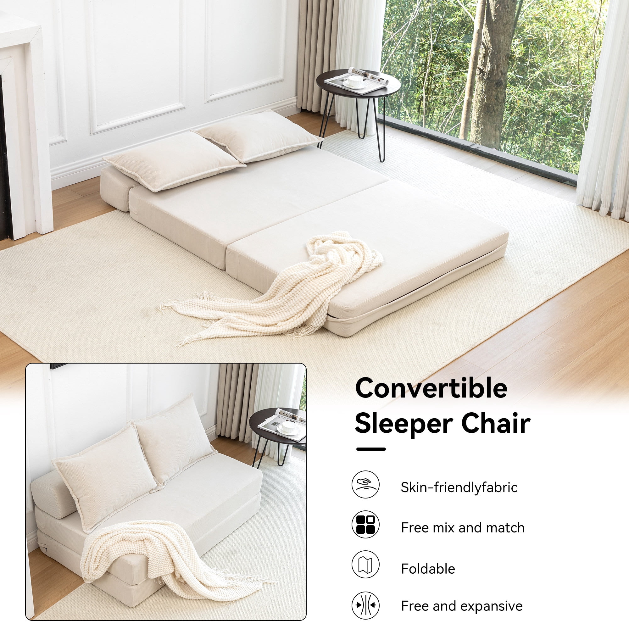 Leumius Folding Sofa Bed,Memory Foam Sleeper Lounge Chair Bed with Pillow, Floor Mattress Couch with Backrest for Living Room/Dorm/Guest Room/Home Office,Beige
