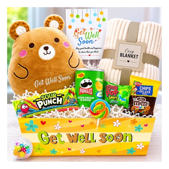 KIDS GET WELL SOON care package gift, Squooshy pillow, Cozy Blanket, Candy Snacks gift basket & Greeting card, gift for kids children boy/girl, Feel better soon, home or hospital recovery