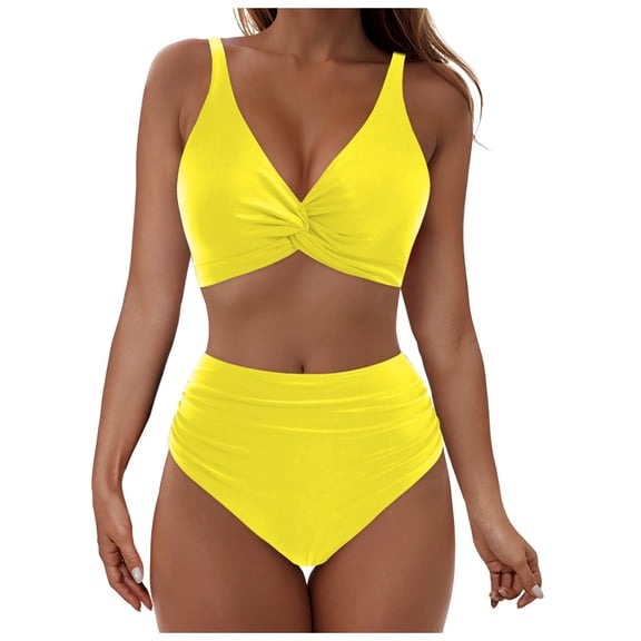 Betivan Women Bikini Swimsuit Solid V Neck Push Up Two Piece Set Wireless Padded Top Adjustable Back Closure High Waist Bottom Tummy Control Beach Pool Swimming Vacation