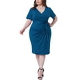 thumbnail image 1 of Vestidos de mujer de talla grande Agnes Orinda, con escote en V, mangas cortas, dobladillo de tulipán, vestido midi de cóctel con cinturón, 2X azul teal, 1 of 6