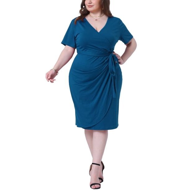 Vestidos de mujer de talla grande Agnes Orinda, con escote en V, mangas cortas, dobladillo de tulipán, vestido midi de cóctel con cinturón, 2X azul teal