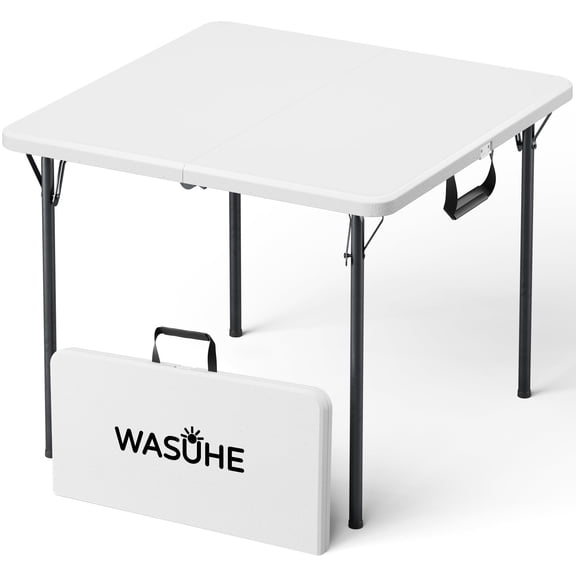 WASUHE 36" Square Folding Table with Handle, Portable Resin Folding Card Table for Dining, Game, Party, Picnic, White