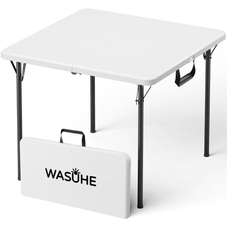 WASUHE 36" Square Folding Table with Handle, Portable Resin Folding Card Table for Dining, Game, Party, Picnic, White
