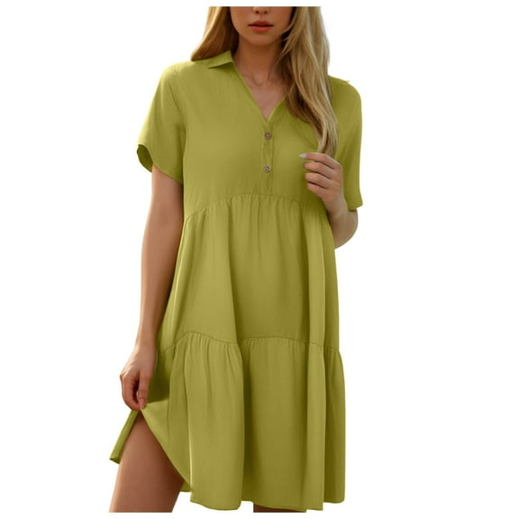 Womens 2024 Casual Dress Smocked Crewneck Button Up Long Sleeve Empire Waist A-Line Mini Dress
