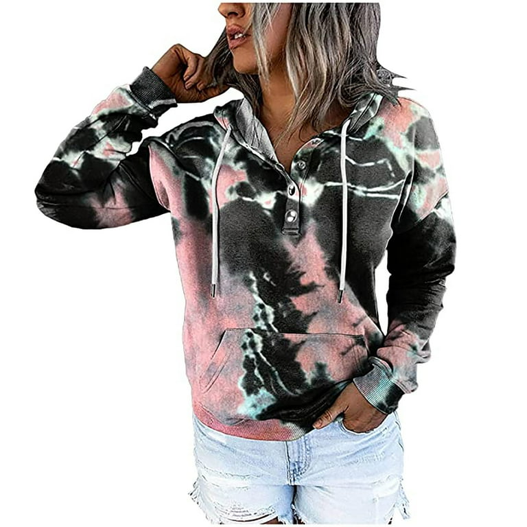 ICHUANYI Women s Trendy Casual Button Hoodies Long Sleeve Tie dye