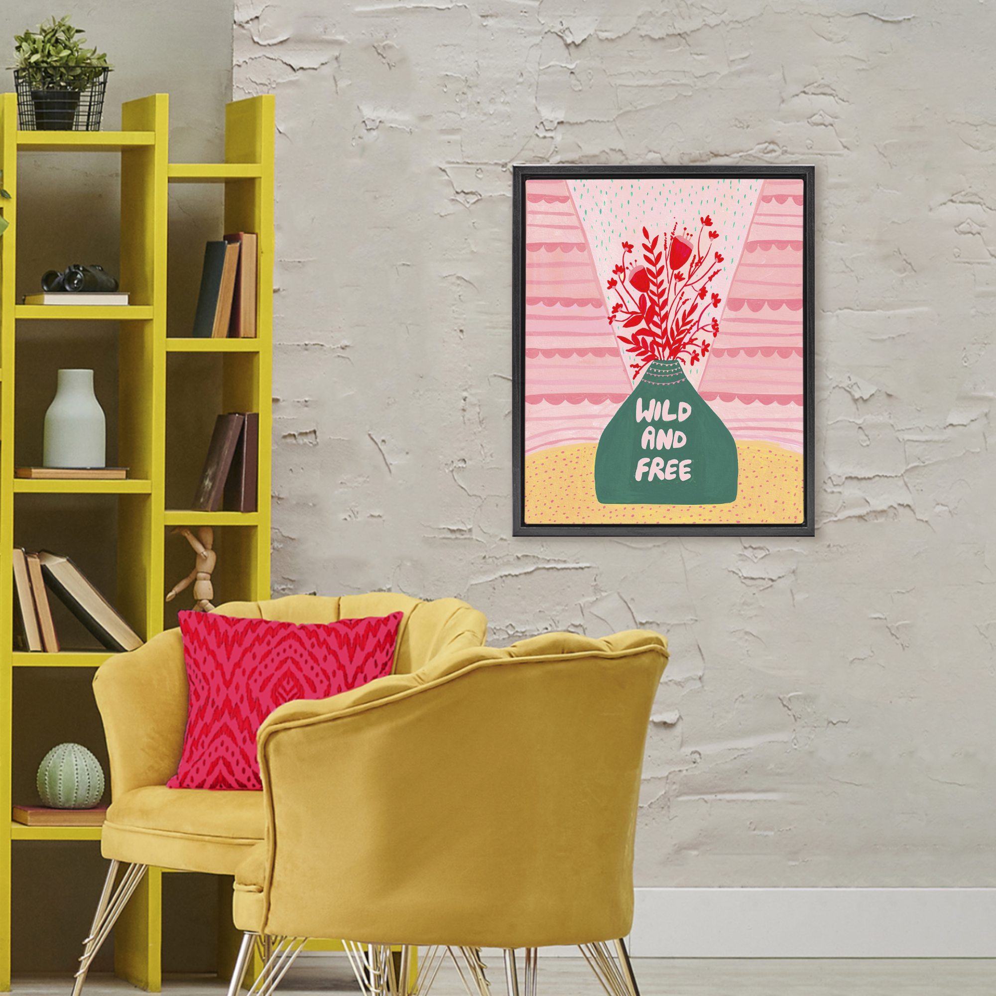 Midcentury Wild And Free Black Framed Floater Canvas Wall Art, design by Nabeela Rumi
