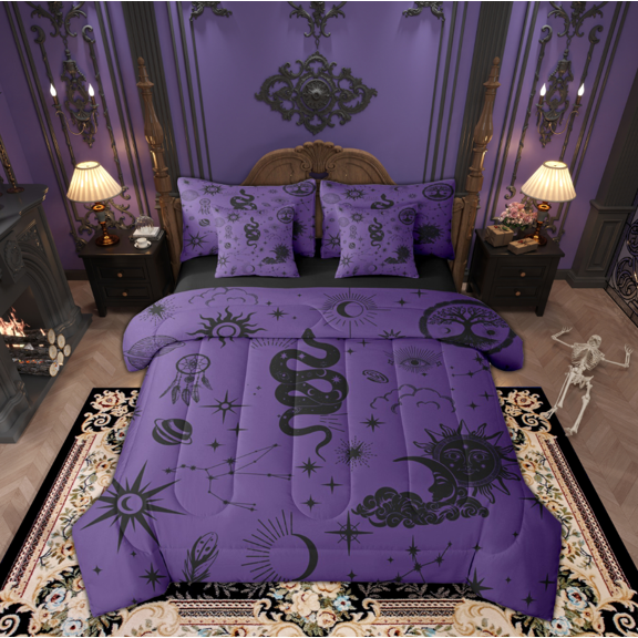 Manfei Cartoon Boho Snake Twin Bedding Sets 7-Piece for Teen, Vintage Mystic Purple Galaxy Bedding Comforter Set, Tribal Animal Reversible Sheet Sets, Ultra Soft Home Decor