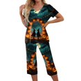 thumbnail image 3 of Women's Halloween Loungewear Set Short Sleeve V Neck Top and Capri Pants Tie Dye Pumpkin Pattern Relaxed Fit Sleepwear Pajama Set for Home Party Daily Wear Cyan L, 3 of 6