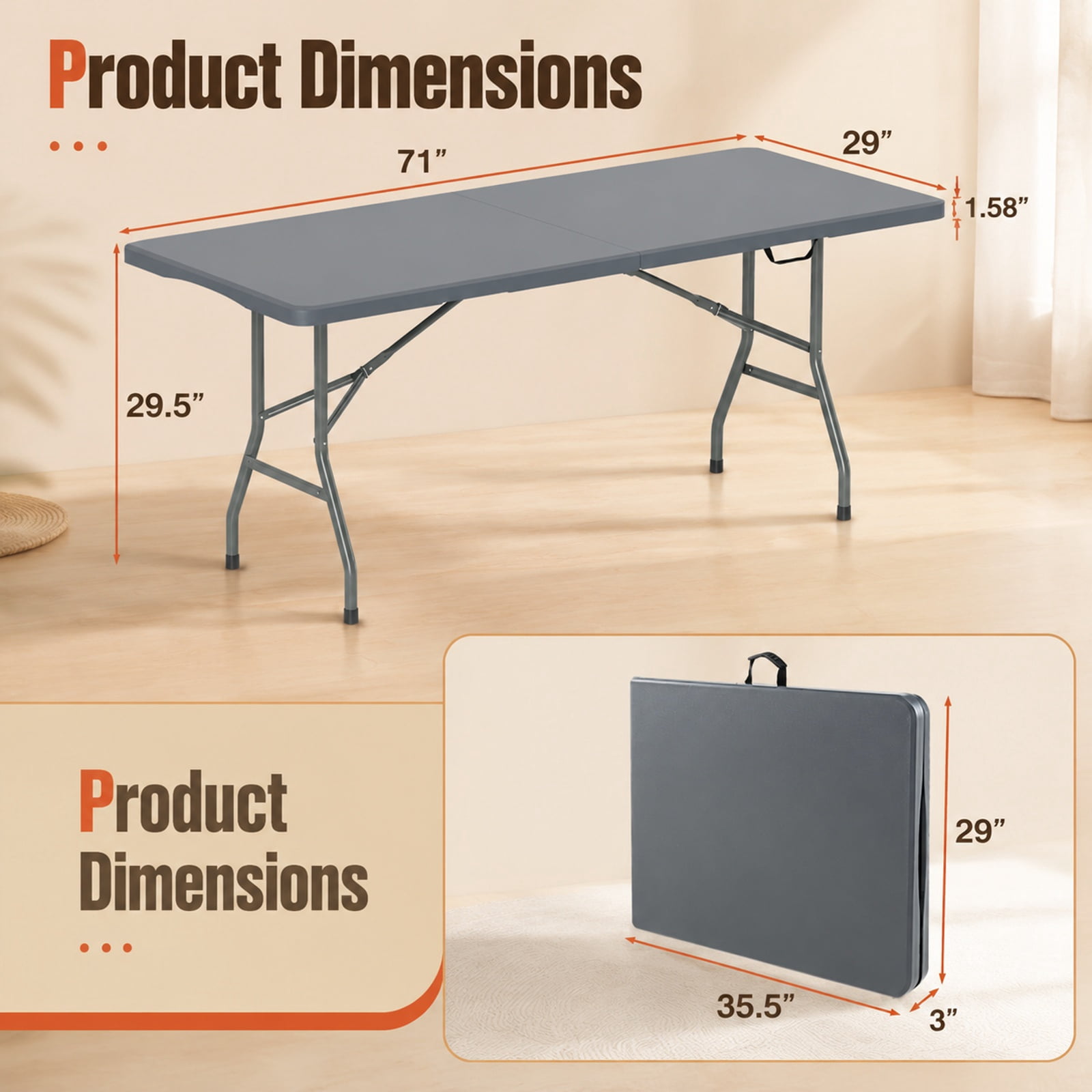 Vebreda 6 Foot Portable Folding Table with HDPE Tabletop and Fold in Half Design and Carry Handle for Picnic Party and Outdoor Events, Gray