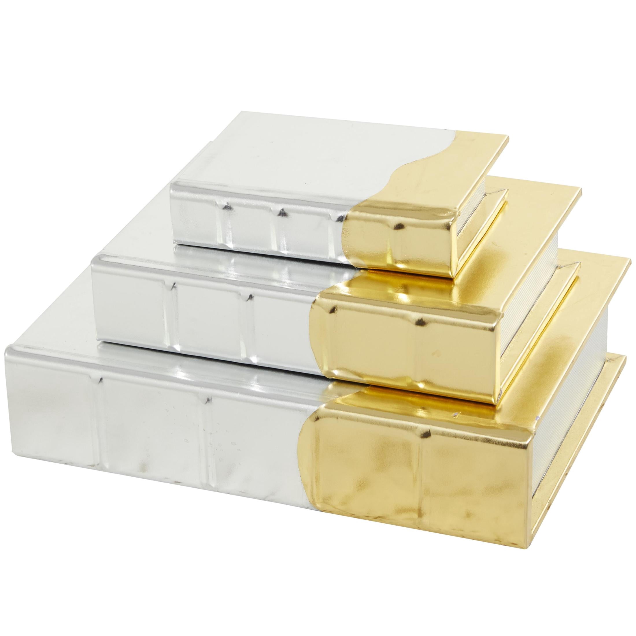 CosmoLiving by Cosmopolitan Metallic Faux Book Storage Silver Faux Leather Decorative Box with Wavy Gold Design, 3 Count