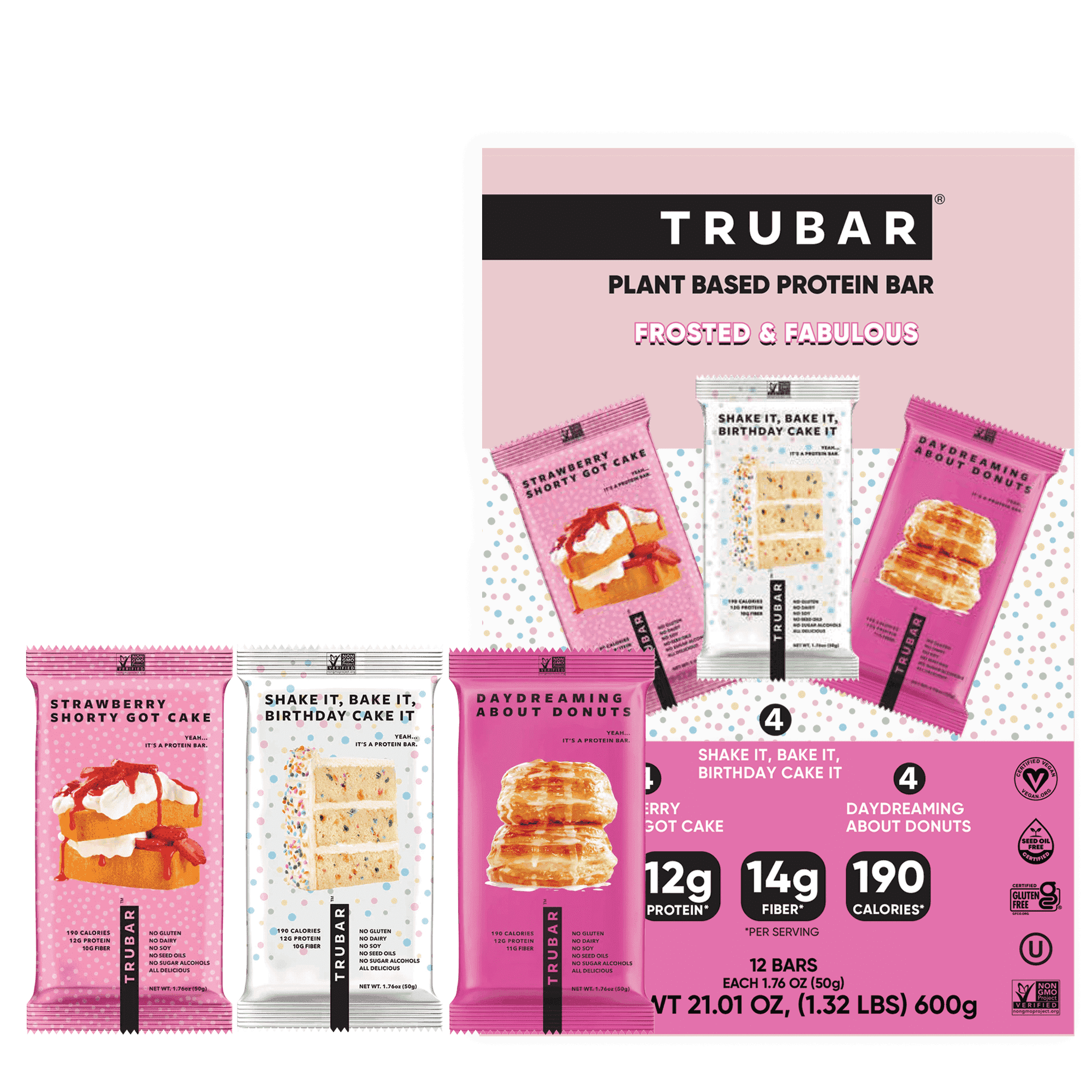 TRUBAR Protein Bar,Frosted & Fabulous Variety Pack, Plant Based Protein, Vegan, Gluten Free, Kosher, 12 Count